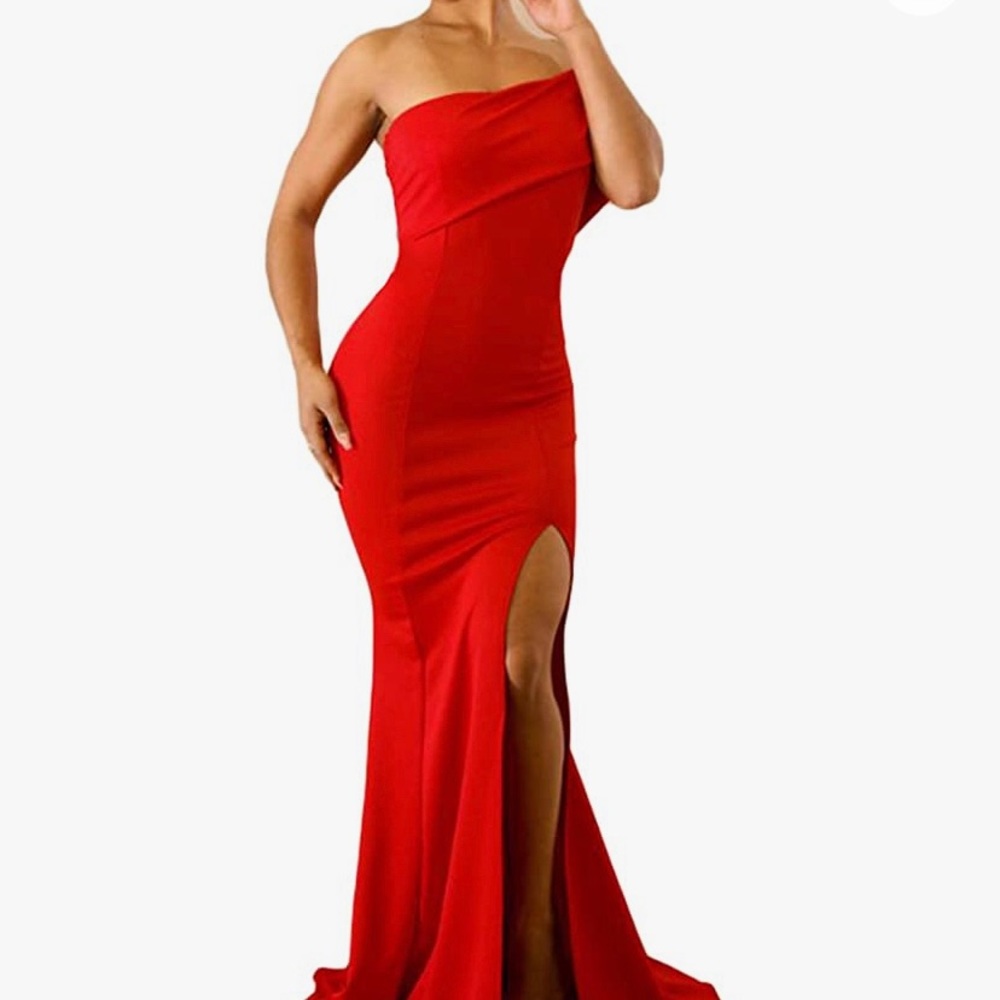Woman’s Red Off the shoulder One Sleeve Slit Maxi Party Prom Dress